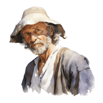 Portrait of a weathered, elderly man in a sun hat, gazing intently. png