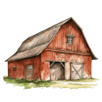 Rustic Red Barn Watercolor Painting, Gabled Roof, Double Doors, Farm Setting png