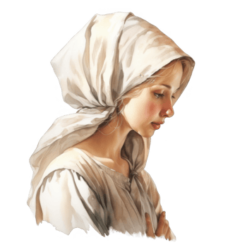 Pensive Young Woman in a Simple White Headscarf and Dress png