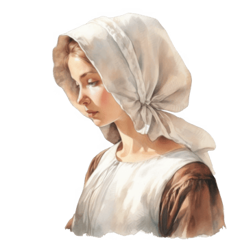 Pensive Young Woman in a White Bonnet and Brown Dress png