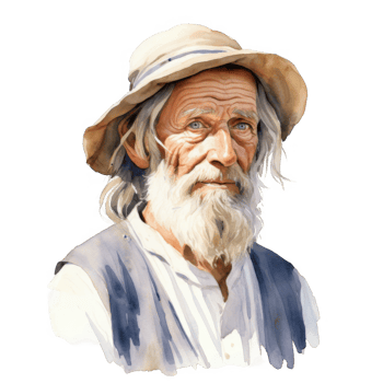 Watercolor portrait of an elderly man with long white hair and beard, wearing a straw hat and vest. png