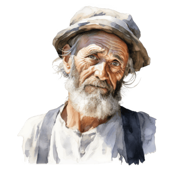 Watercolor Portrait of a Weathered Old Man in a Hat png