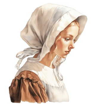 Pensive Young Woman in a White Bonnet and Brown Dress png