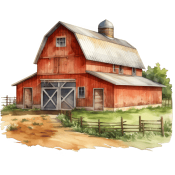 Rustic Red Barn with Gable Roof, Silo, and Wooden Fence in a Pastoral Setting png