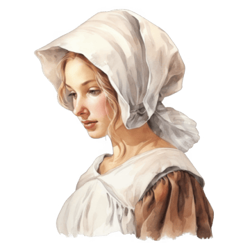 Pensive Young Woman in a White Bonnet and Simple Dress png