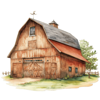Rustic Wooden Barn with Gable Roof, Weathered Wood, and Small Weeping Tree png