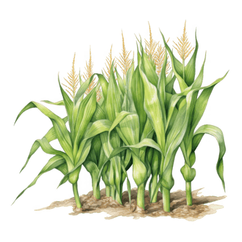 A watercolor painting of several young maize plants growing in soil. png