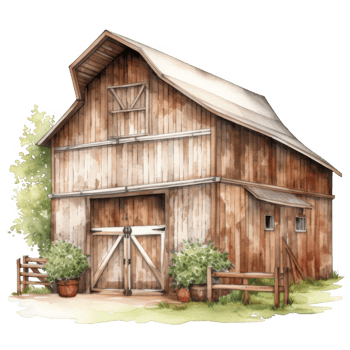 Rustic Wooden Barn with Gable Roof and Adjoining Adobe Structure png