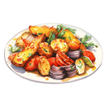 Roasted Vegetables and Potatoes on a White Plate, Watercolor Painting png