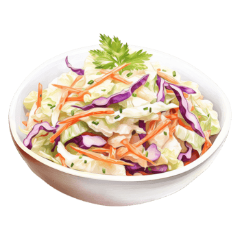 A vibrant coleslaw salad in a white bowl, garnished with parsley. png