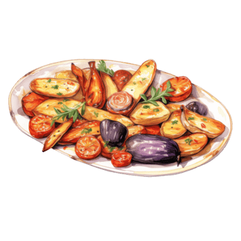 Roasted Root Vegetables and Tomatoes on a White Platter png
