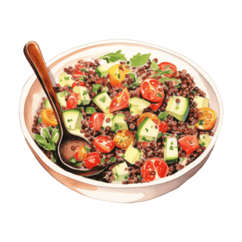 Vibrant lentil salad with diced zucchini, tomatoes, and parsley in a bowl. png