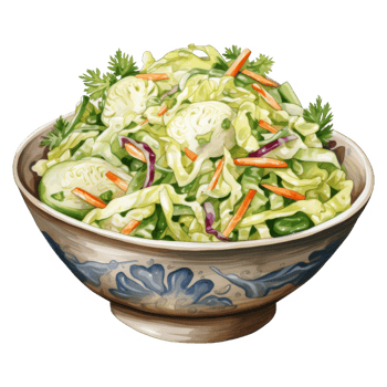 Fresh Coleslaw Salad in a Decorative Bowl with Carrots and Cucumber png