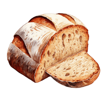 Watercolor Painting of a Crusty Artisan Loaf of Bread, Sliced png