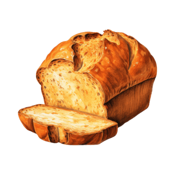A watercolor painting of a loaf of golden-brown artisan bread, sliced. png