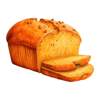 Golden-brown loaf of bread with seeds, sliced, showing crumb texture. png