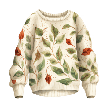 Cream-colored sweater with a botanical leaf and berry pattern. png