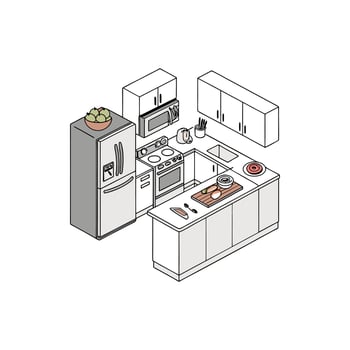 A kitchen isometric drawing with a refrigerator, stove, sink and microwave vector