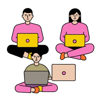 2D minimalize as Creative team working on a digital marketing campaign concept as A illustration of a creative team working on a digital marketing campaign using lapt vector