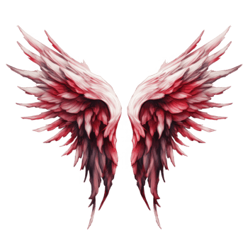 A pair of crimson and white feathered wings against a black background. png
