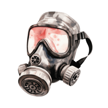 Watercolor painting of a military gas mask with red splotches on the lenses. png