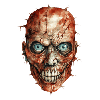 Ghastly, Bloody Zombie Head with Piercing Blue Eyes and Fanged Grin png