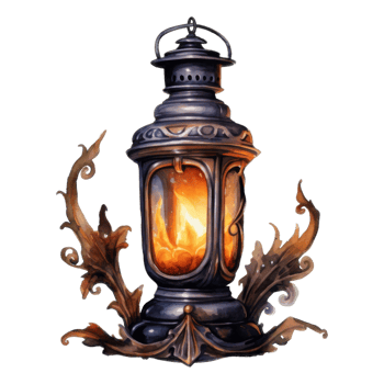Ornate Metal Lantern with Glowing Flame, Watercolor Style Artwork png