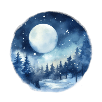 Winter Night Scene Full Moon over Snowy Coniferous Forest png