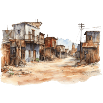 Desolate Western Town A Watercolor Depiction of Abandoned Buildings and Dusty Streets png