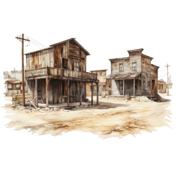 Rustic Western Town Two Aged Wooden Buildings in a Desolate Desert Setting png