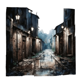 Nocturnal cobblestone alleyway scene with illuminated lanterns and aged buildings. png