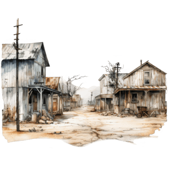 Desolate, dilapidated buildings line a dusty, deserted street. png