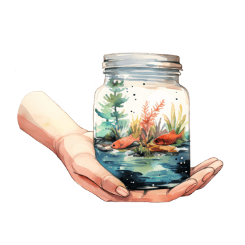 Watercolor painting of a hand holding a mason jar miniature aquatic scene with goldfish. png