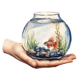 Watercolor painting of a hand gently holding a small fishbowl with an orange fish. png