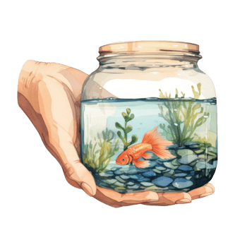 A hand gently cradles a glass jar containing a vibrant orange betta fish and aquatic plants. png