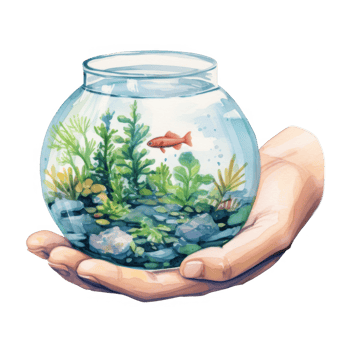 A Hand Gently Holding a Small Glass Bowl Fish Tank with a Single Orange Fish and Aquatic Plants png