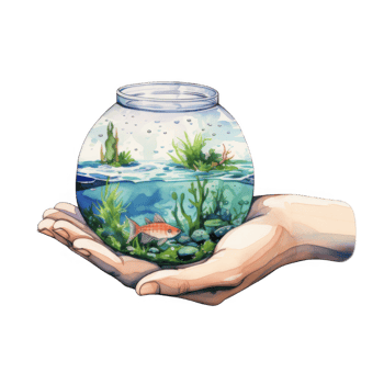 A hand gently cradles a small glass bowl containing a miniature underwater scene with a single fish. png