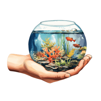 A Hand Gently Cradles a Small, Colorful Fishbowl with Vivid Aquatic Life. png