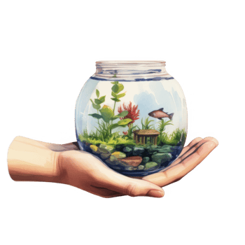 Hand-held Glass Orb Terrarium with Miniature Aquatic Scene and Fish png
