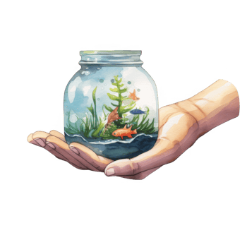 A Hand Gently Holding a Miniature Underwater World in a Jar png