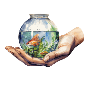 A Hand Gently Cradling a Glass Orb Containing Two Goldfish and Aquatic Plants. png