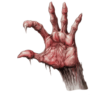 A grotesque, clawed hand emerges from a glitching, digital abyss. png