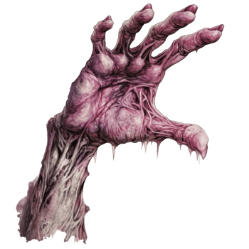 A grotesque, decaying hand reaching out from a glitched digital background. png