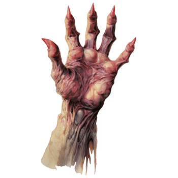 A grotesque, clawed hand reaching upward, overlaid with vibrant digital glitch art. png