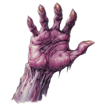 A grotesque, purple, decaying hand reaches upward, its fingers splayed. png