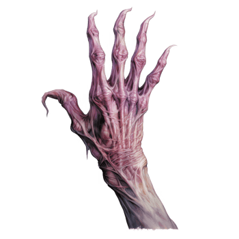 A grotesque, multi-fingered hand reaches upward, its anatomy distorted and unsettling. png