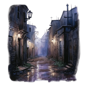 Nocturnal cobblestone alleyway scene with illuminated lanterns and aged buildings. png