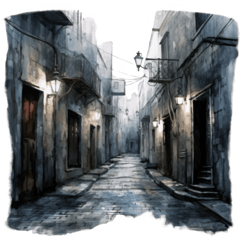 Nocturnal cobblestone alleyway scene with illuminated lanterns and aged buildings. png