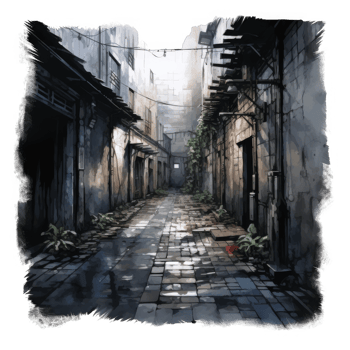 Nocturnal cobblestone alleyway scene with illuminated lanterns and aged buildings. png