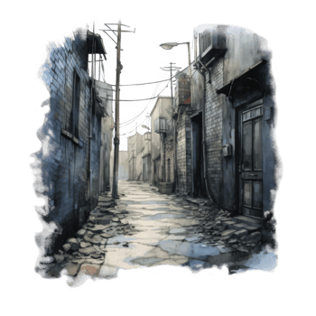 Nocturnal cobblestone alleyway scene with illuminated lanterns and aged buildings. png